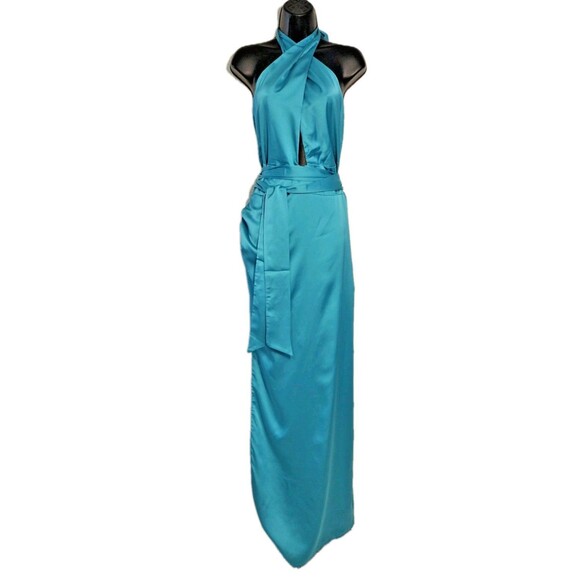 New! Show me your MuMu -Adele Halter Turquoise Maxi Dress - Teal Luxe Satin XXL - Picture 4 of 9